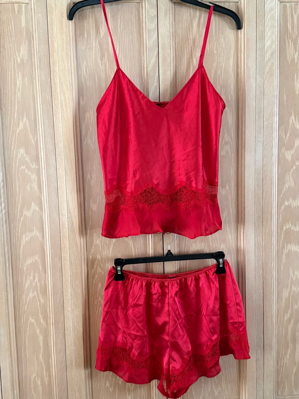Satin Lace-Trim Cami & Short Sleep Set in Red